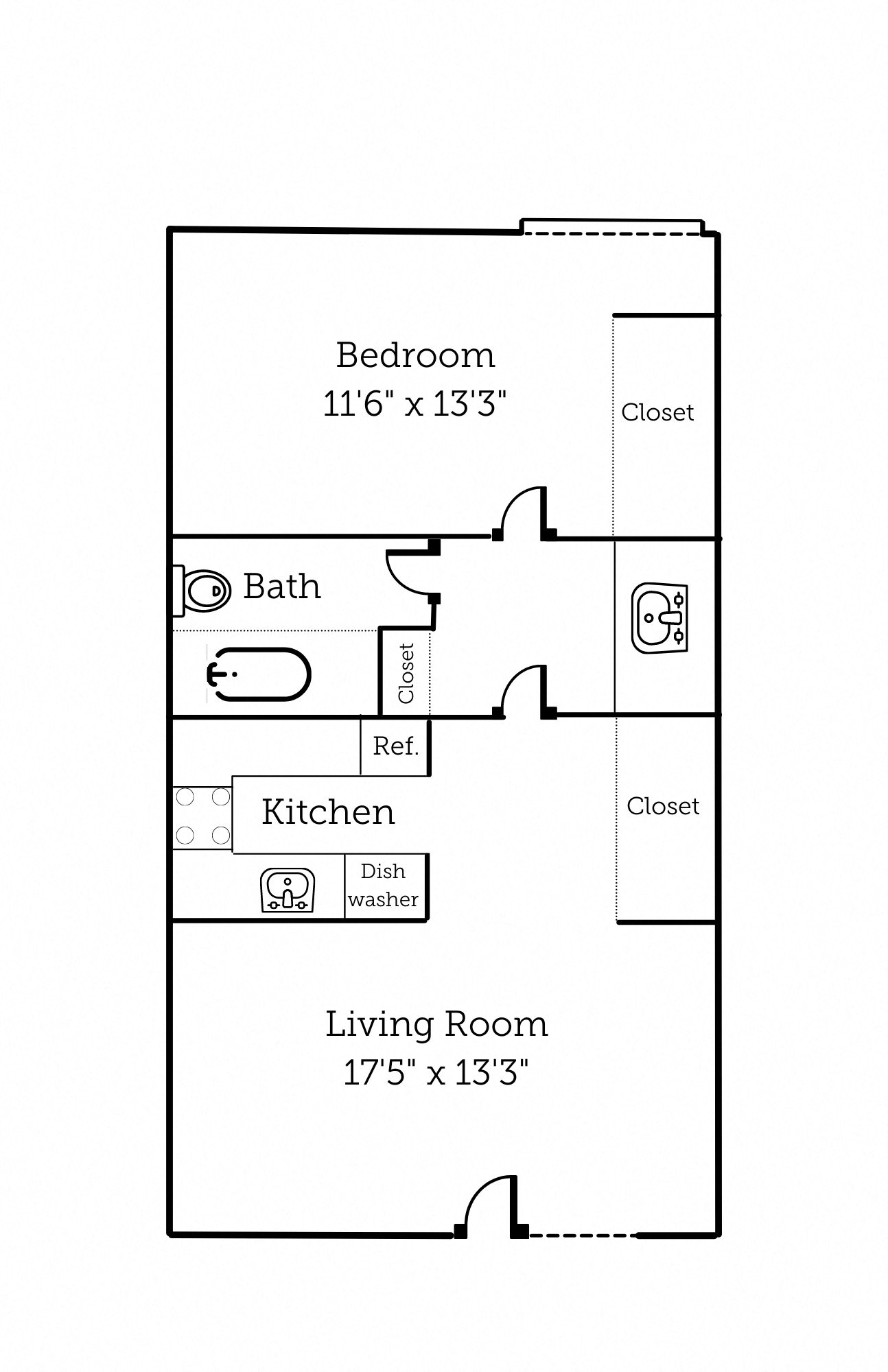 Floor plan for 1 bed, 1 bath, 644 sqft